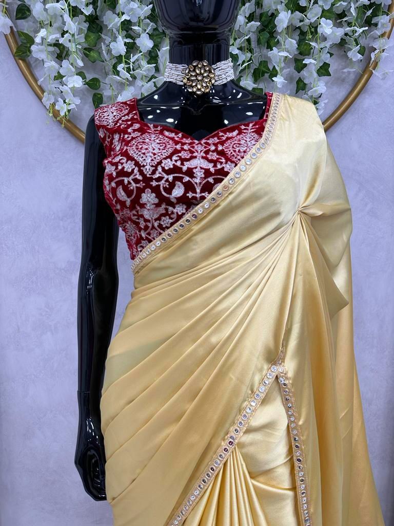 Gold japan satin plain party wear saree