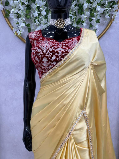 Gold japan satin plain party wear saree