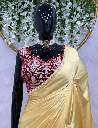 Gold japan satin plain party wear saree