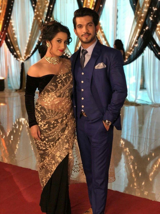 Gold net and black georgette designer emboridered partywear saree