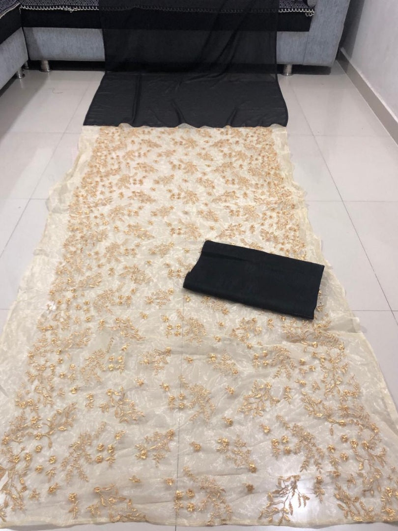 Gold net and black georgette designer emboridered partywear saree