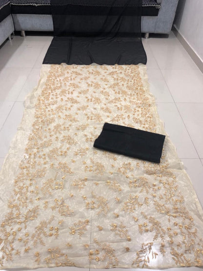 Gold net and black georgette designer emboridered partywear saree