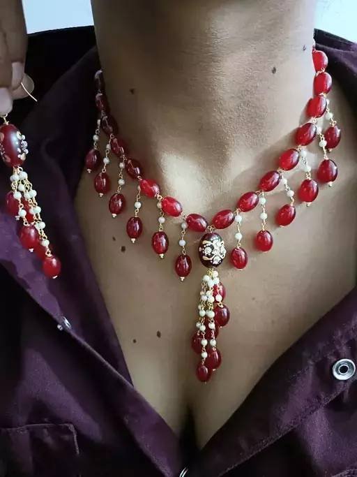 Gold plated brass pearls necklace with earrings