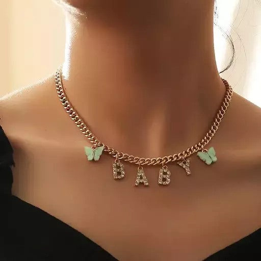 Gold plated steel diamond latter butterfly necklace