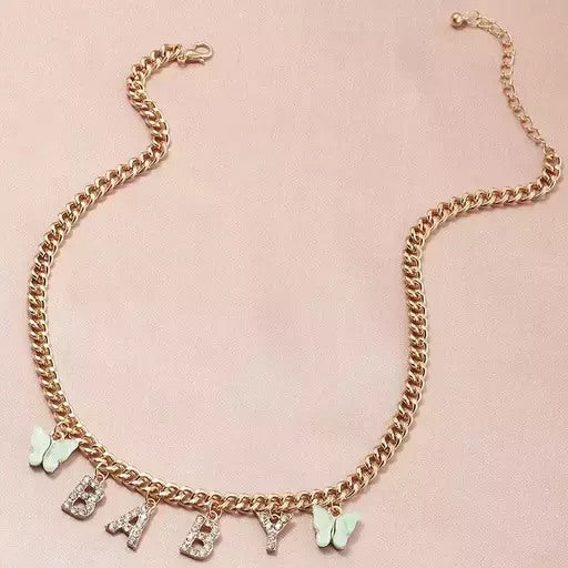 Gold plated steel diamond latter butterfly necklace
