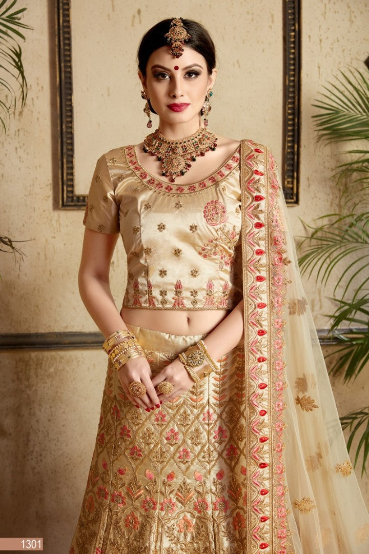 gold satin silk designer heavy embroidered bridal lehenga