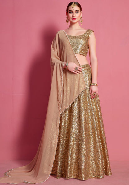 Gold soft net embroidered party wear lehenga choli