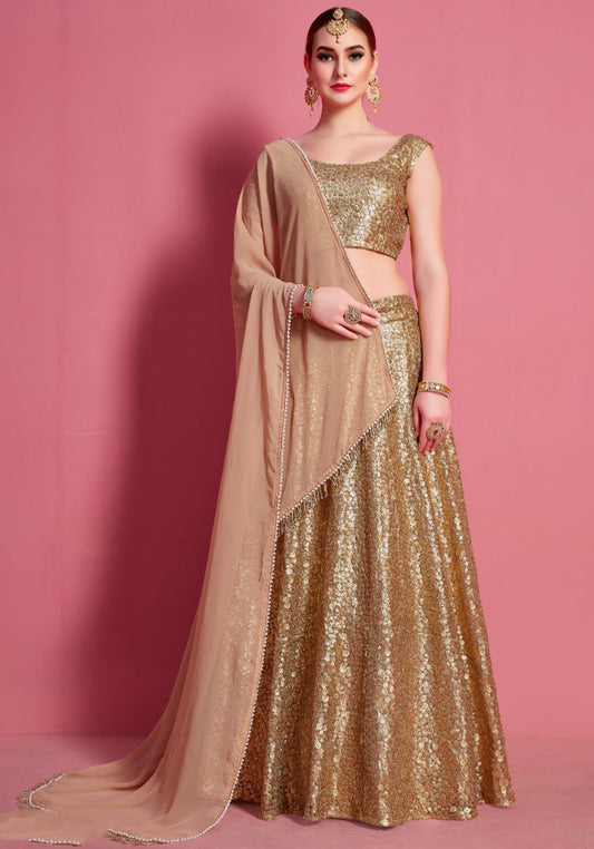 Gold soft net embroidered party wear lehenga choli