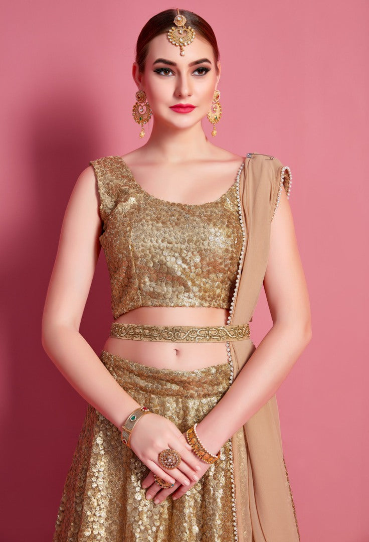 Gold soft net embroidered party wear lehenga choli