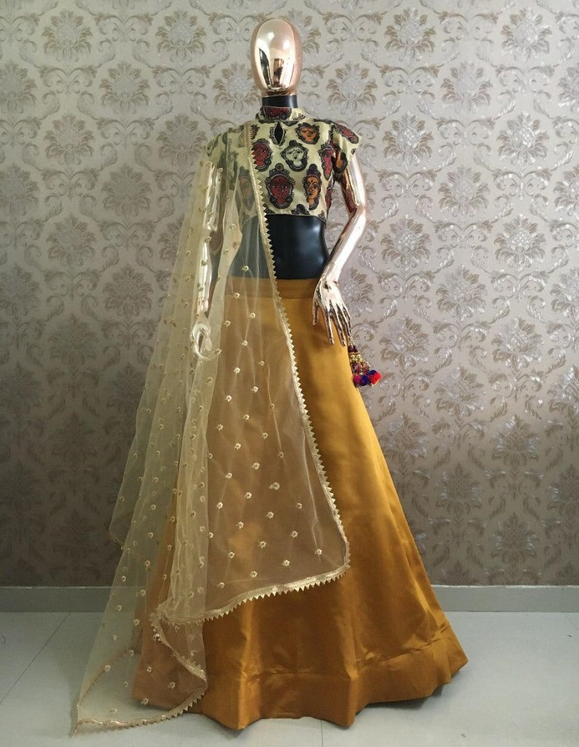 Gold taffeta silk plain partywear lehenga choli