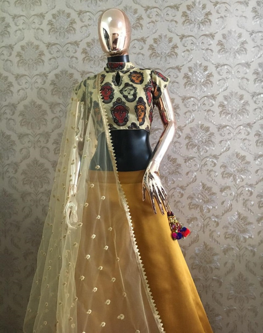 Gold taffeta silk plain partywear lehenga choli