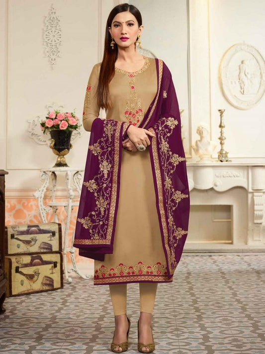 Golden Colored Georgette & Satin Digital Zari & Resham Embroidered Semi Stitched Salwar Suit