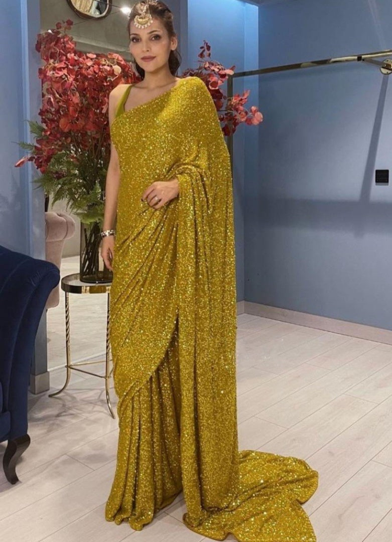 Golden georgette heavy sequence work party wear saree