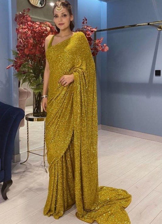 Golden georgette heavy sequence work party wear saree