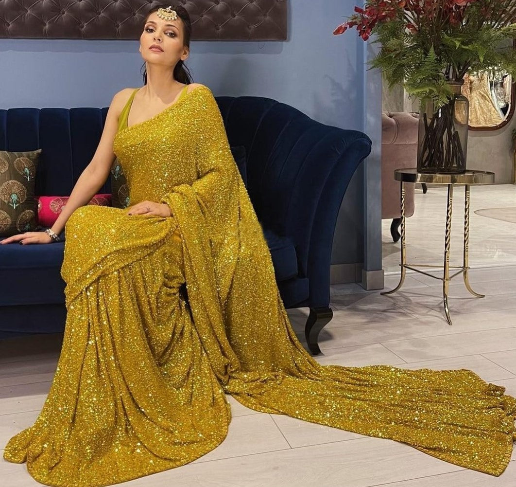 Golden georgette heavy sequence work party wear saree