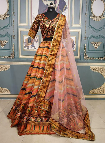 Golden gotta satin digital printed wedding lehenga choli