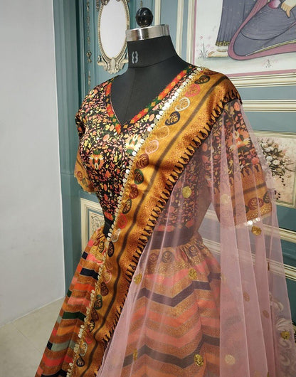 Golden gotta satin digital printed wedding lehenga choli