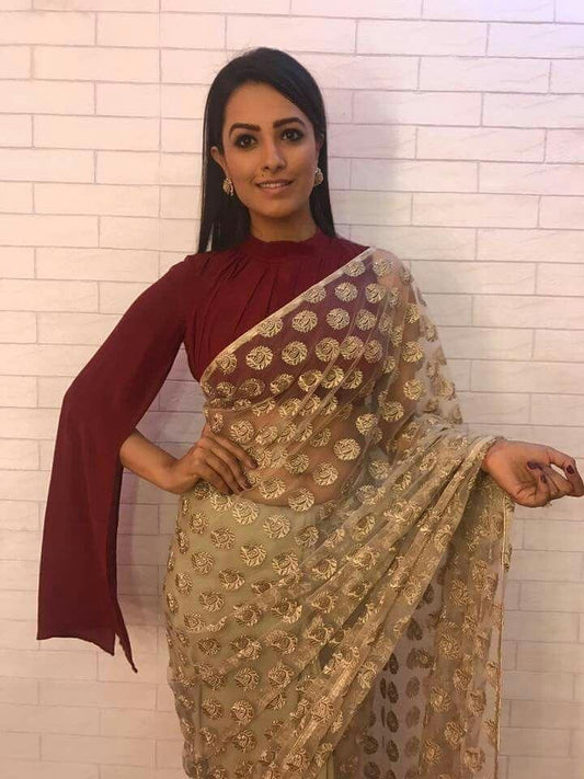 Golden heavy net designer embroidered stylist partywear saree