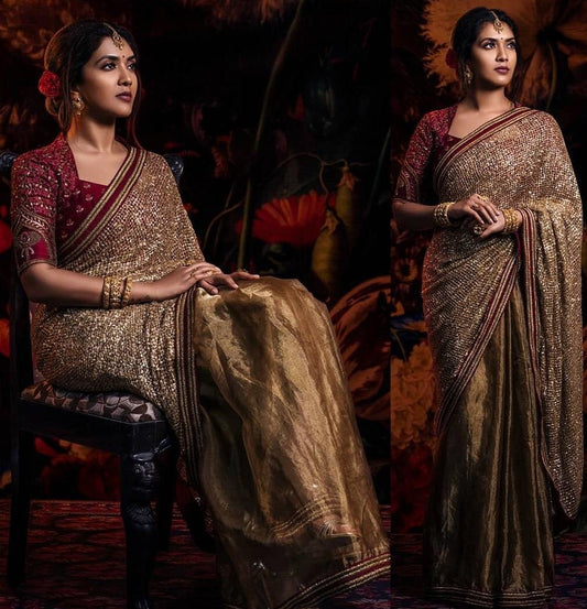 Golden heavy nylon butterfly net sequence zari work ceremonial saree