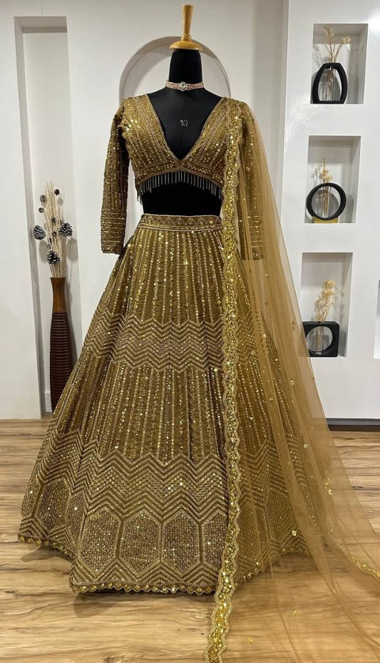 Golden heavy work designer wedding lehenga choli