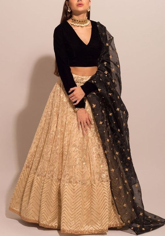 Golden net embroidered work lehenga ceremonial lehenga choli