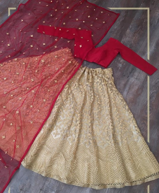 Golden net embroidered work lehenga ceremonial lehenga choli