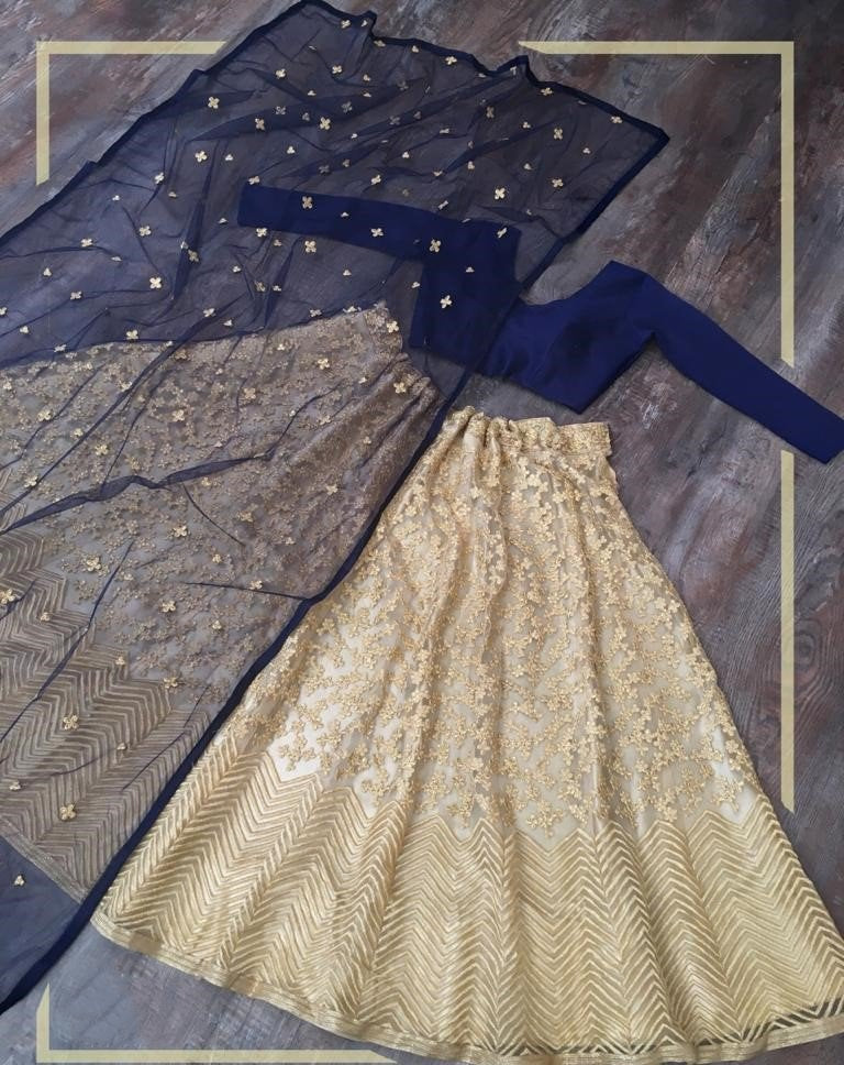 Golden net embroidered work lehenga ceremonial lehenga choli
