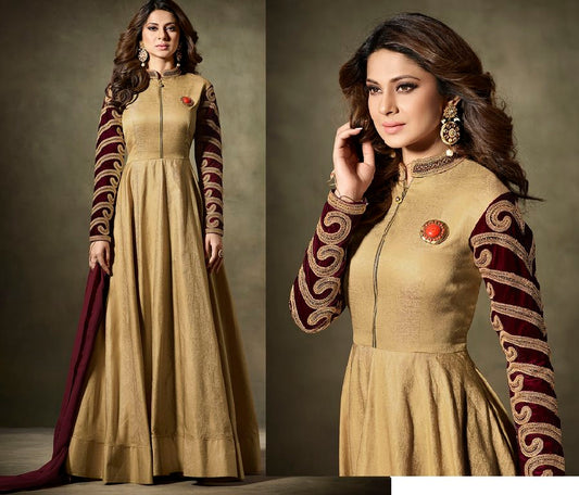 Golden silk embroidered partywear gown
