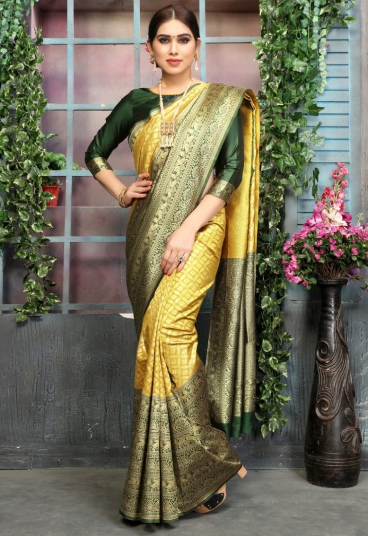 Golden soft lichi silk jacquard weaving work wedding saree