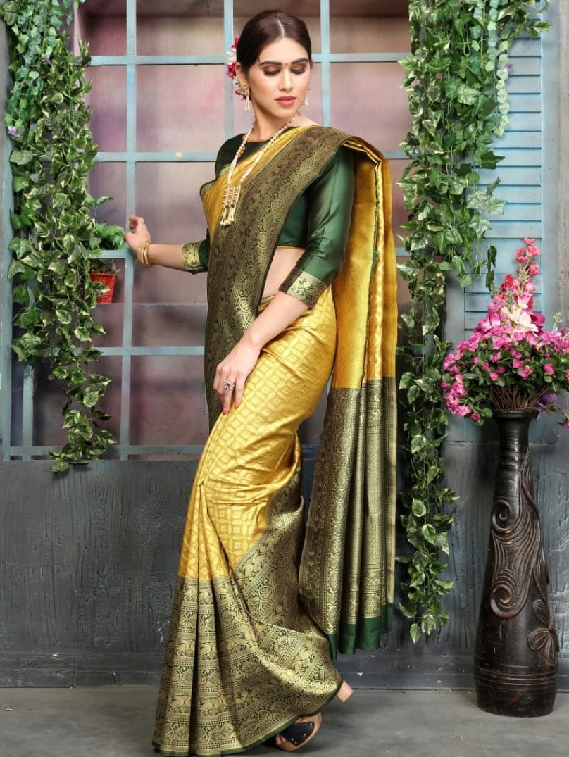 Golden soft lichi silk jacquard weaving work wedding saree