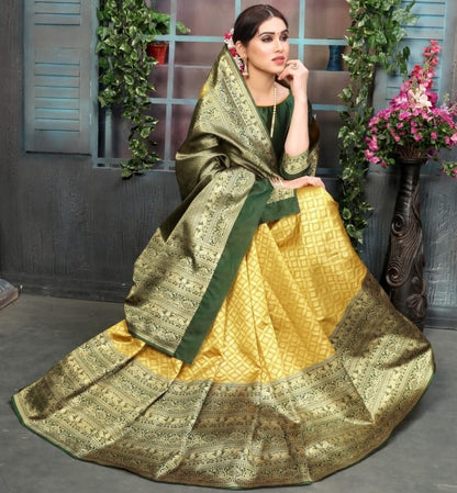 Golden soft lichi silk jacquard weaving work wedding saree