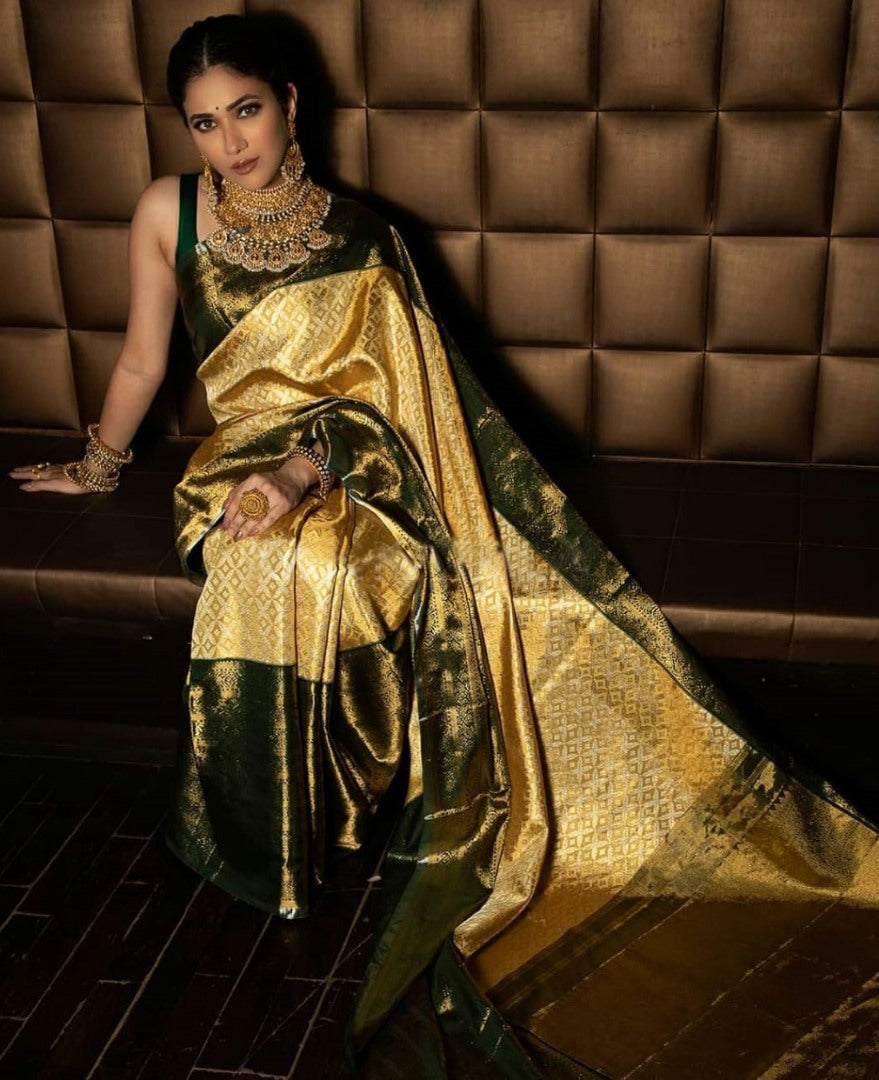 Golden soft lichi silk jacquard weaving work wedding saree