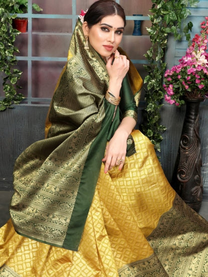 Golden soft lichi silk jacquard weaving work wedding saree