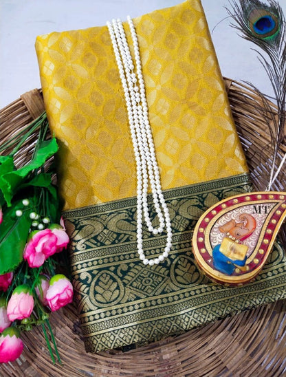 Golden soft lichi silk jacquard weaving work wedding saree