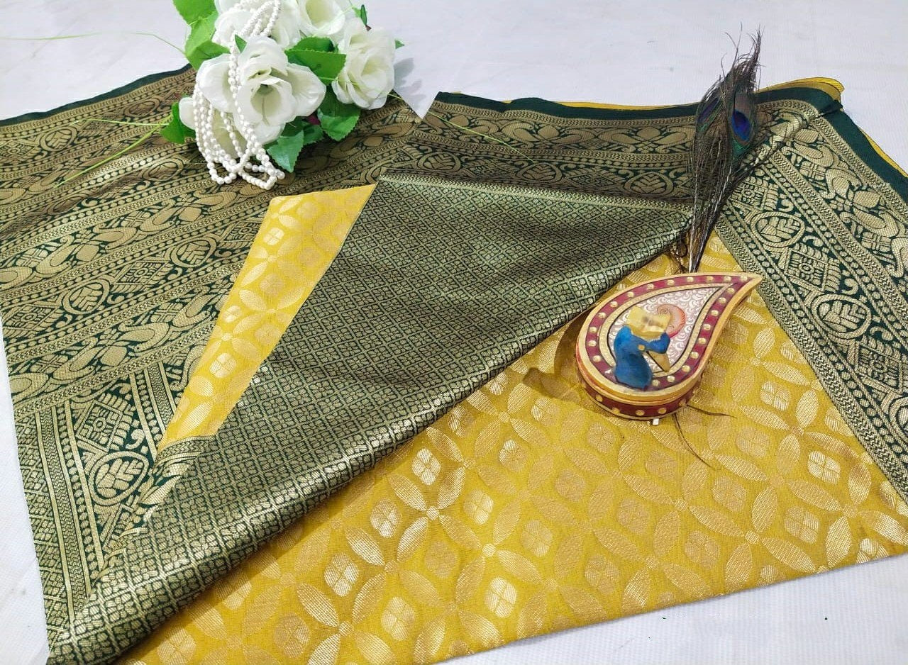 Golden soft lichi silk jacquard weaving work wedding saree