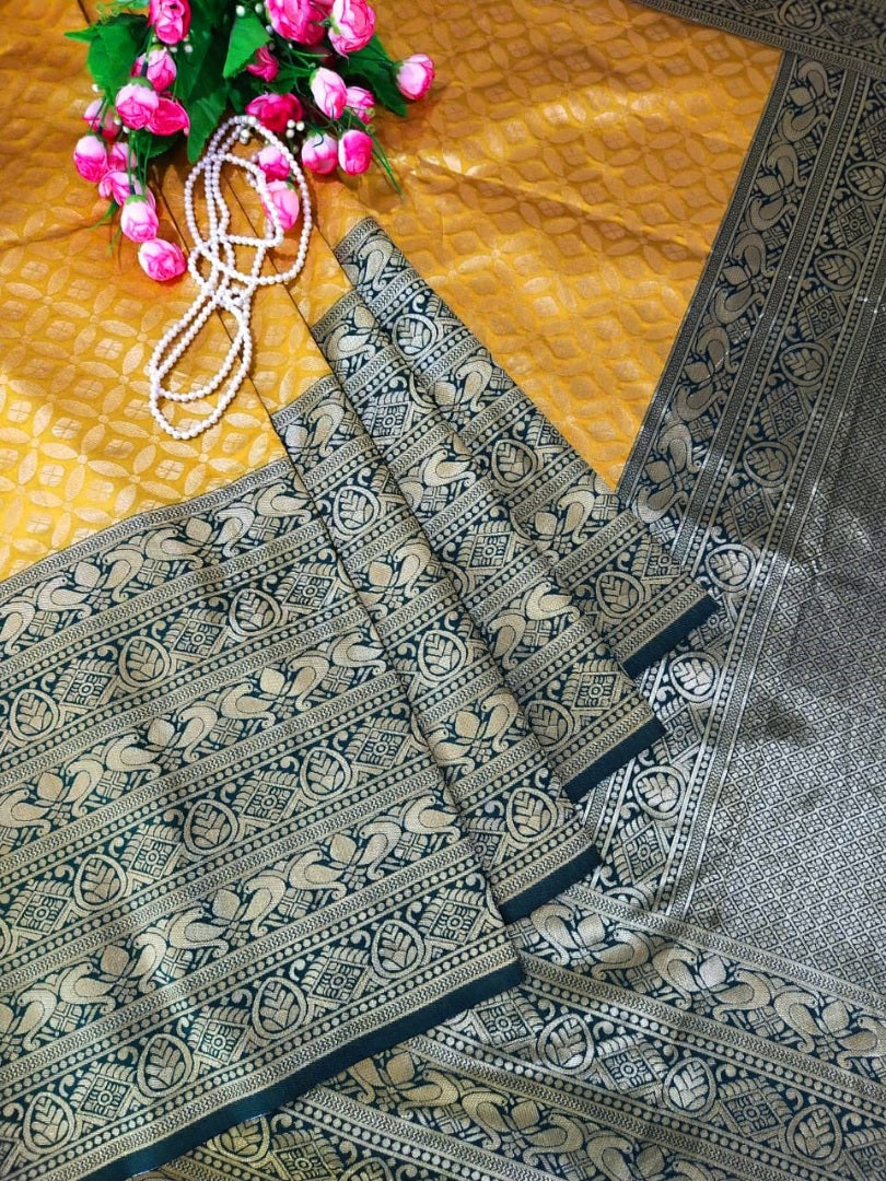 Golden soft lichi silk jacquard weaving work wedding saree