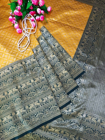 Golden soft lichi silk jacquard weaving work wedding saree
