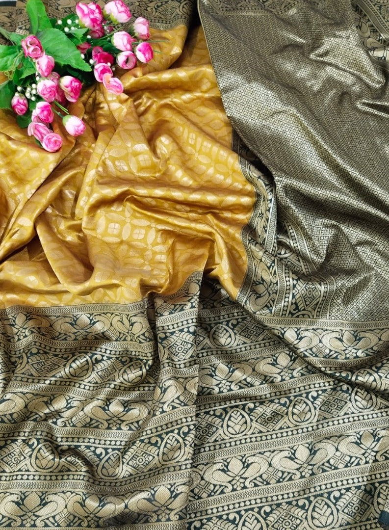 Golden soft lichi silk jacquard weaving work wedding saree