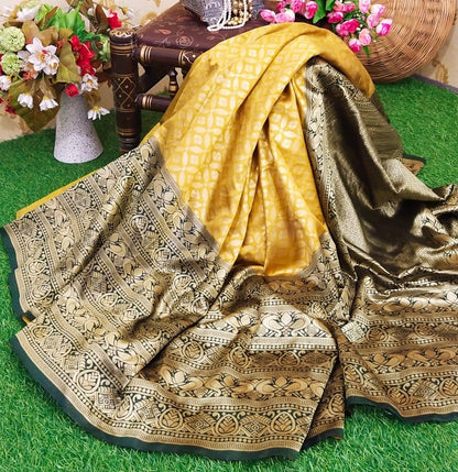 Golden soft lichi silk jacquard weaving work wedding saree