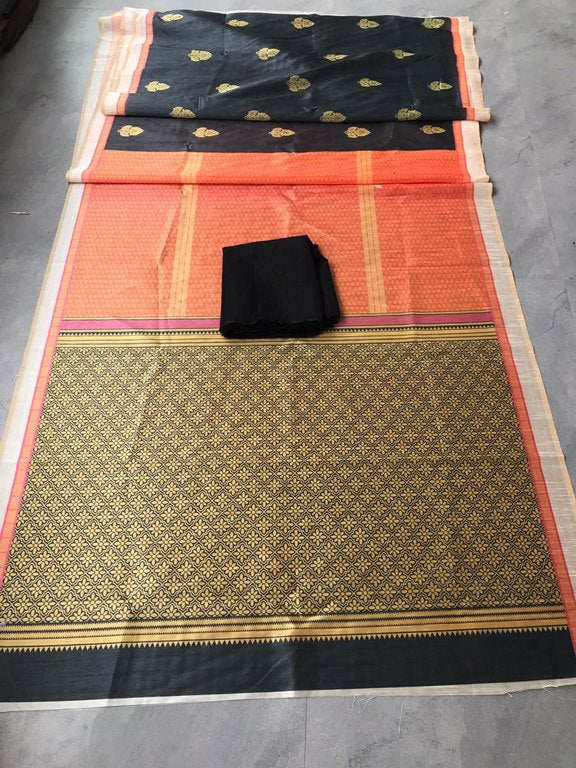 Gorgeous Black & Orange Printed Ceremonial Saree