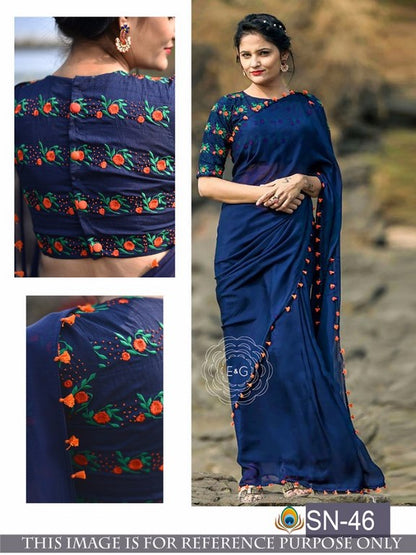 Gorgeous blue partywear saree with embroidered blouse design