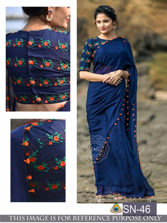 Gorgeous blue partywear saree with embroidered blouse design