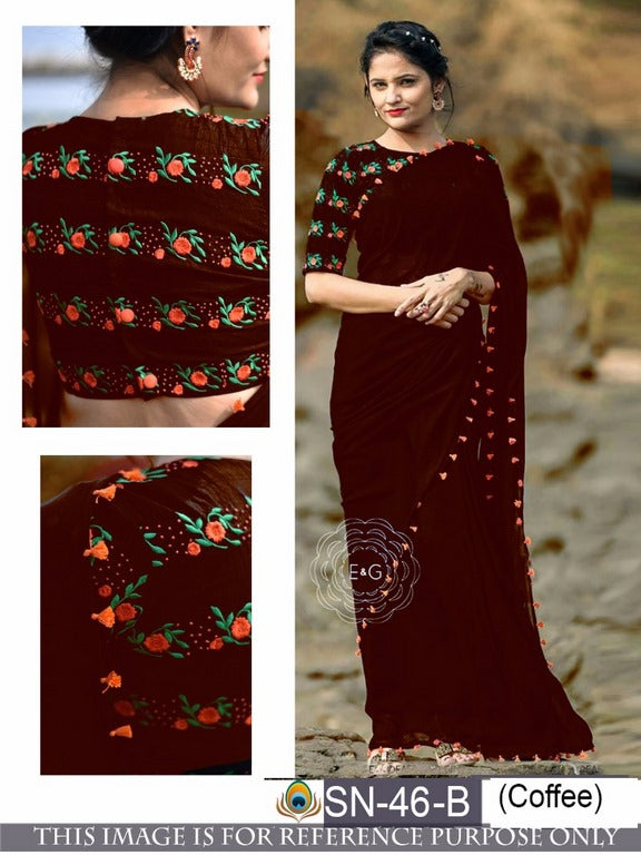 Gorgeous coffee partywear saree with embroidered blouse design