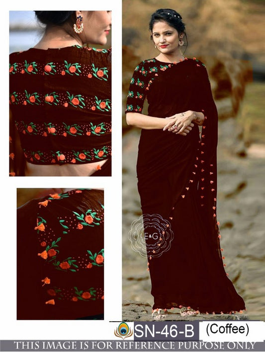 Gorgeous coffee partywear saree with embroidered blouse design