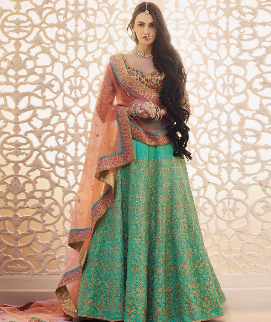 Gorgeous embroidered green bridal ceremonial lehenga