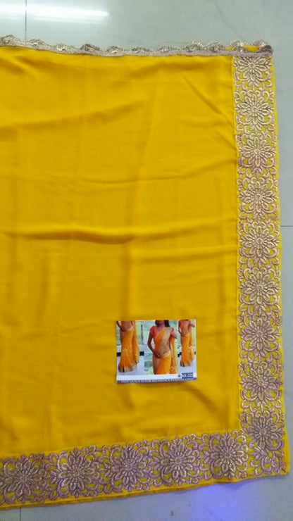 Gorgeous embroidered lace yellow ceremonial saree