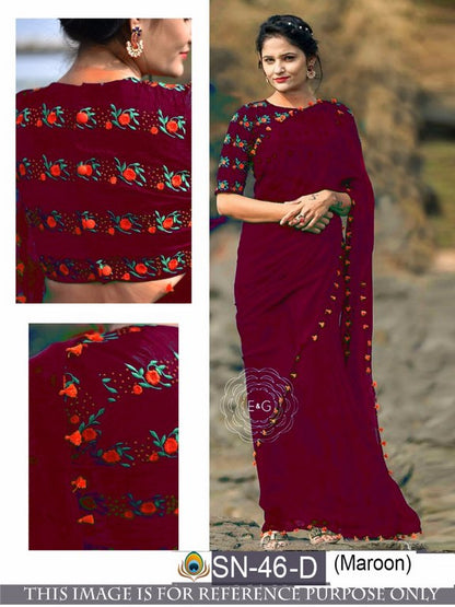 Gorgeous maroon partywear saree with embroidered blouse design