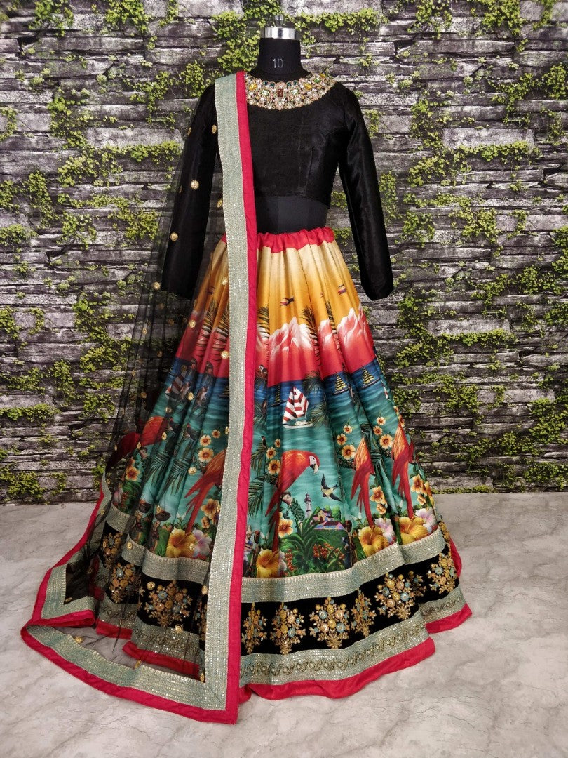Gorgeous printed multicolor hand work bridal lehenga