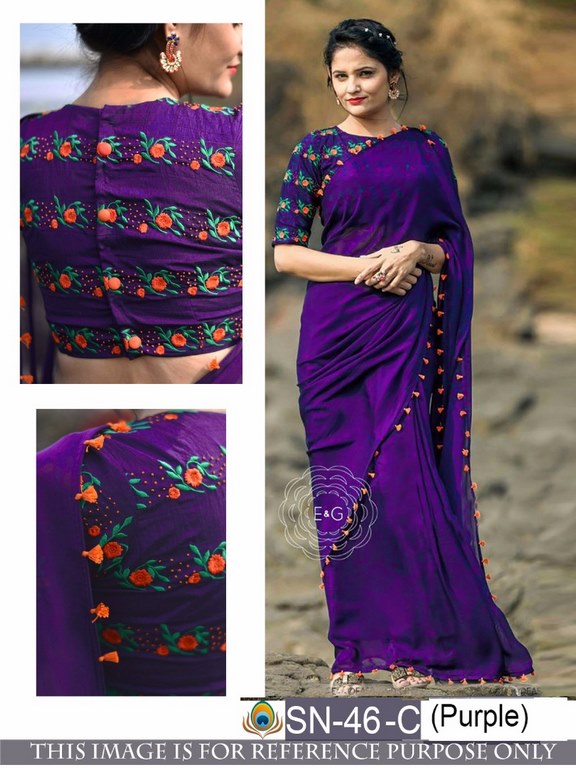 Gorgeous purple partywear saree with embroidered blouse design