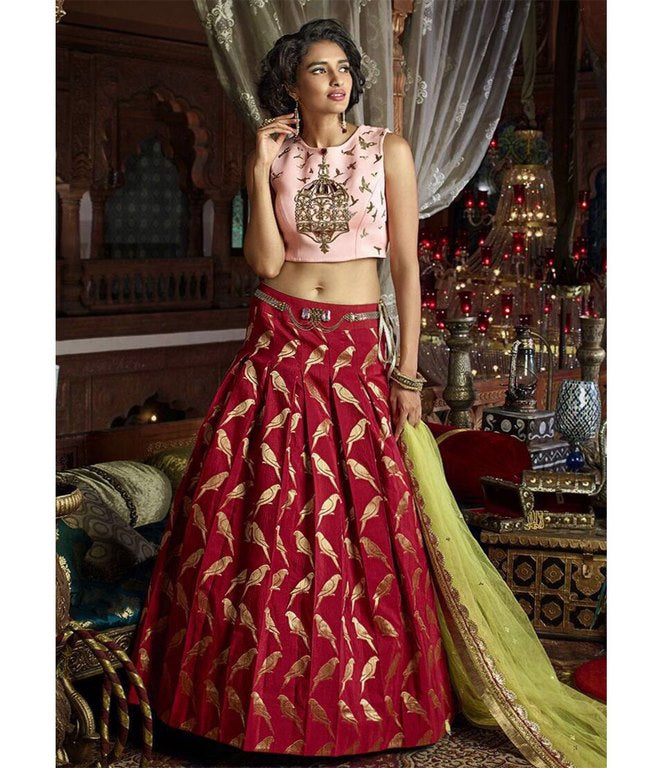 Gorgeous red foil printed wedding lehenga